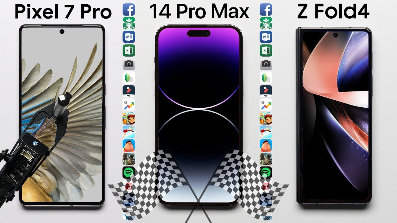 Comparativo do PhoneBuff entre o iPhone 14 Pro Max, o Galaxy Z Fold4 e o Google Pixel 7 Pro