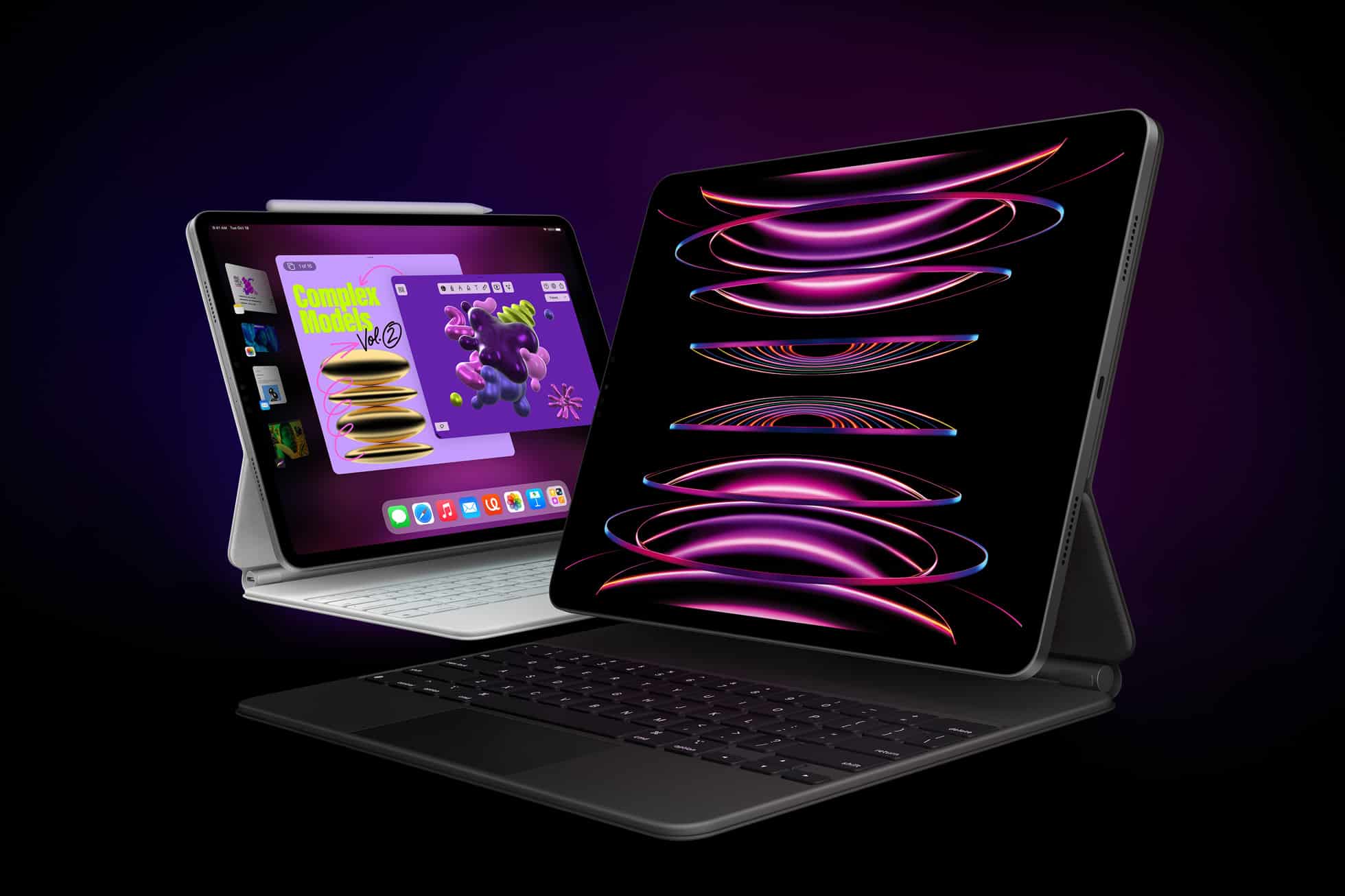 Novos iPads Pro com chip M2 em Magic Keyboards sobre fundo preto