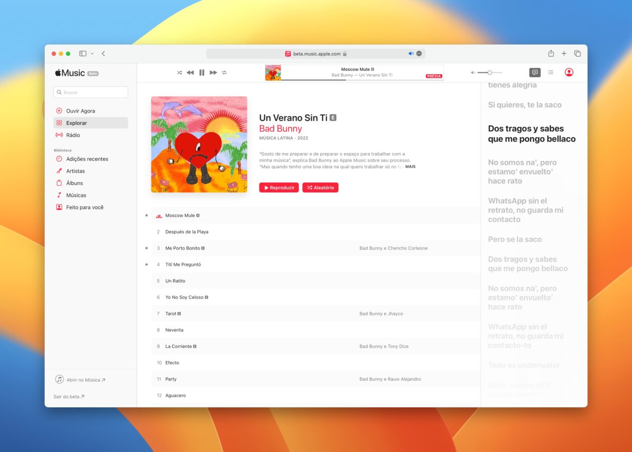 Apple Musc web beta letras