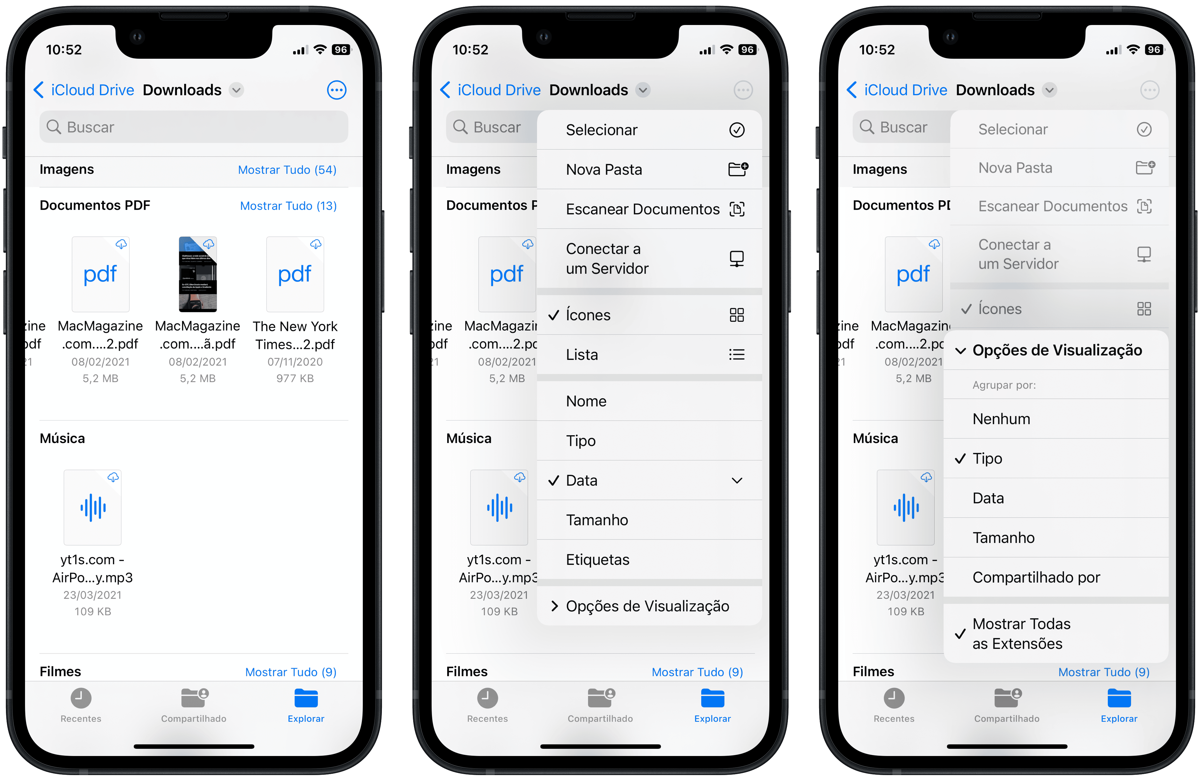 Visualizando as extensões de documentos no app Arquivos