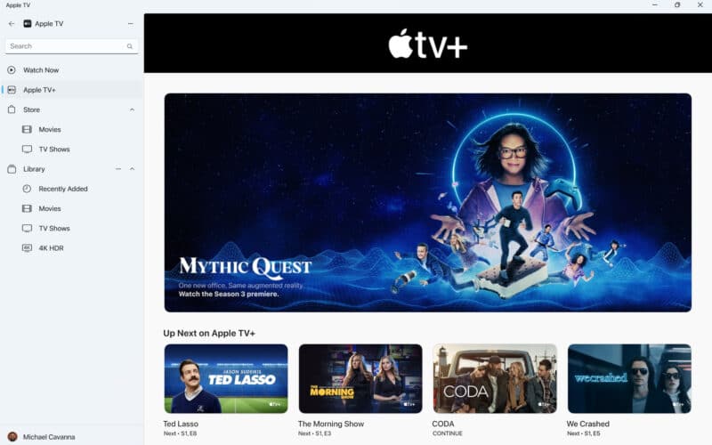 Prévia do app Apple TV para Windows