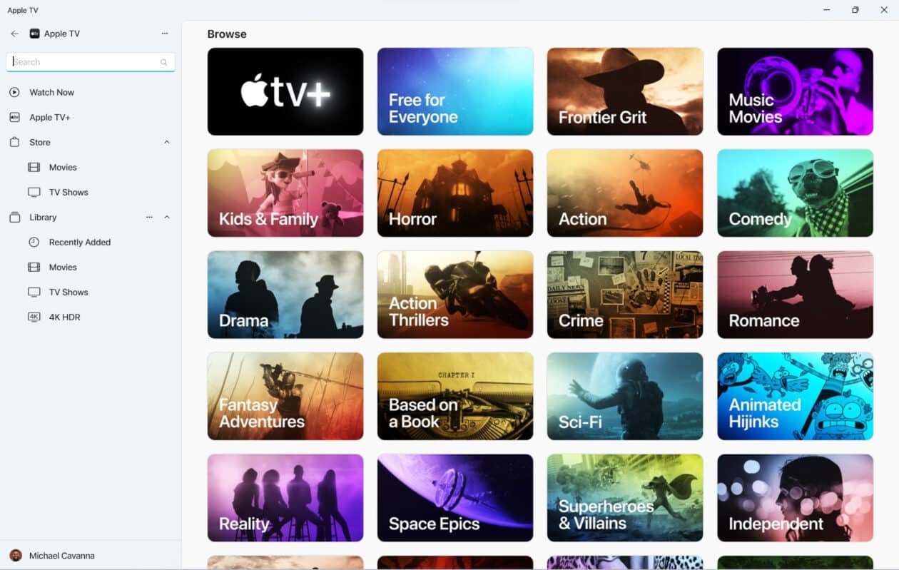Prévia do app Apple TV para Windows