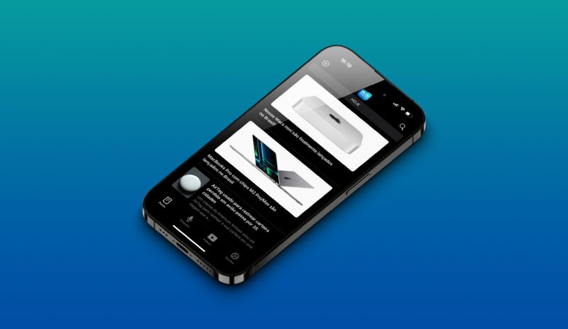 Nosso app rodando em iPhone 14 Pro com fundo degradê azul