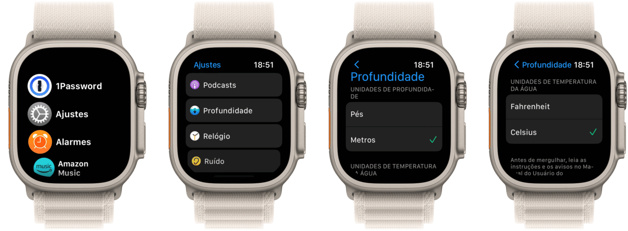Unidade de medida no app Profundidade do Apple Watch Ultra