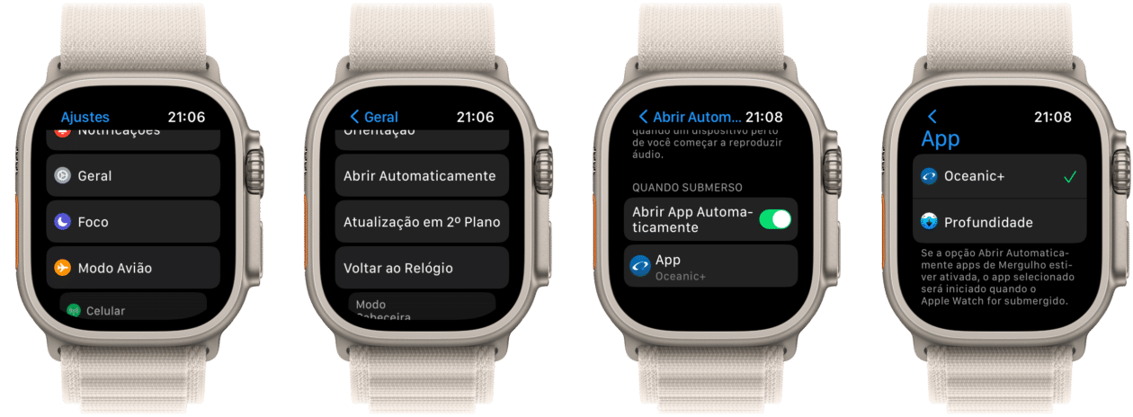 Escolher o app que abre automaticamente quando o Apple Watch Ultra mergulha