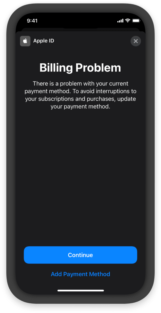 Alerta do iOS sobre problema com pagamento