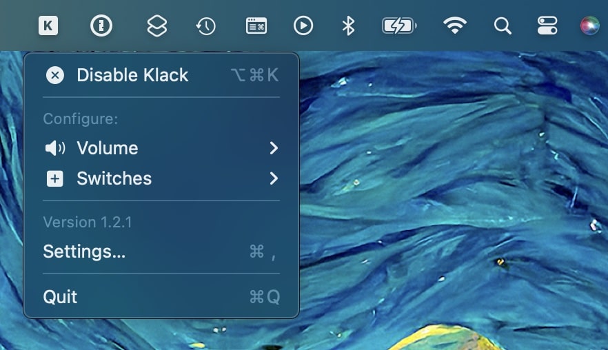 Klack também pode ser adicionado à barra de menus do Mac, onde pode ser facilmente ajustado