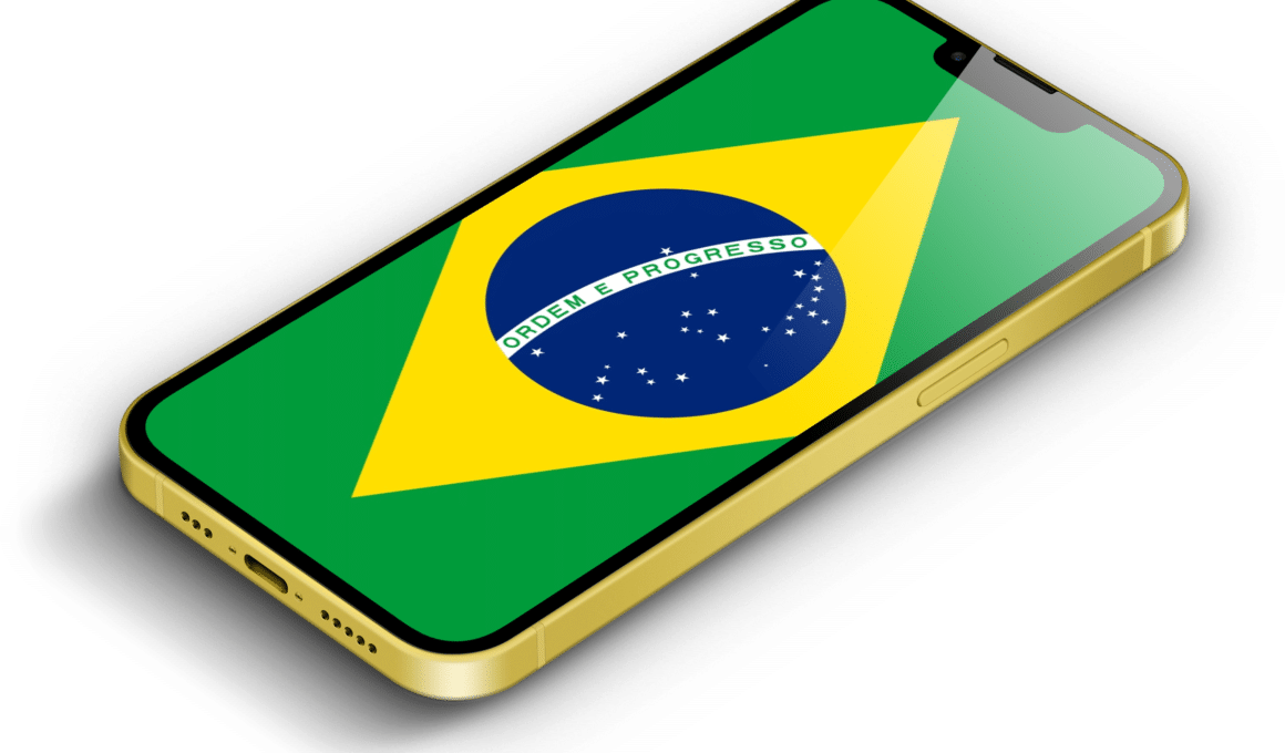 iPhone 14 amarelo com a bandeira do Brasil