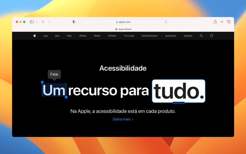 Destaque para a página de acessibilidade no Apple.com