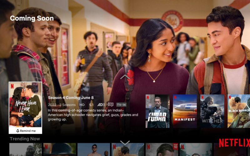 Seção "Em Breve" no app da Netflix para TVs