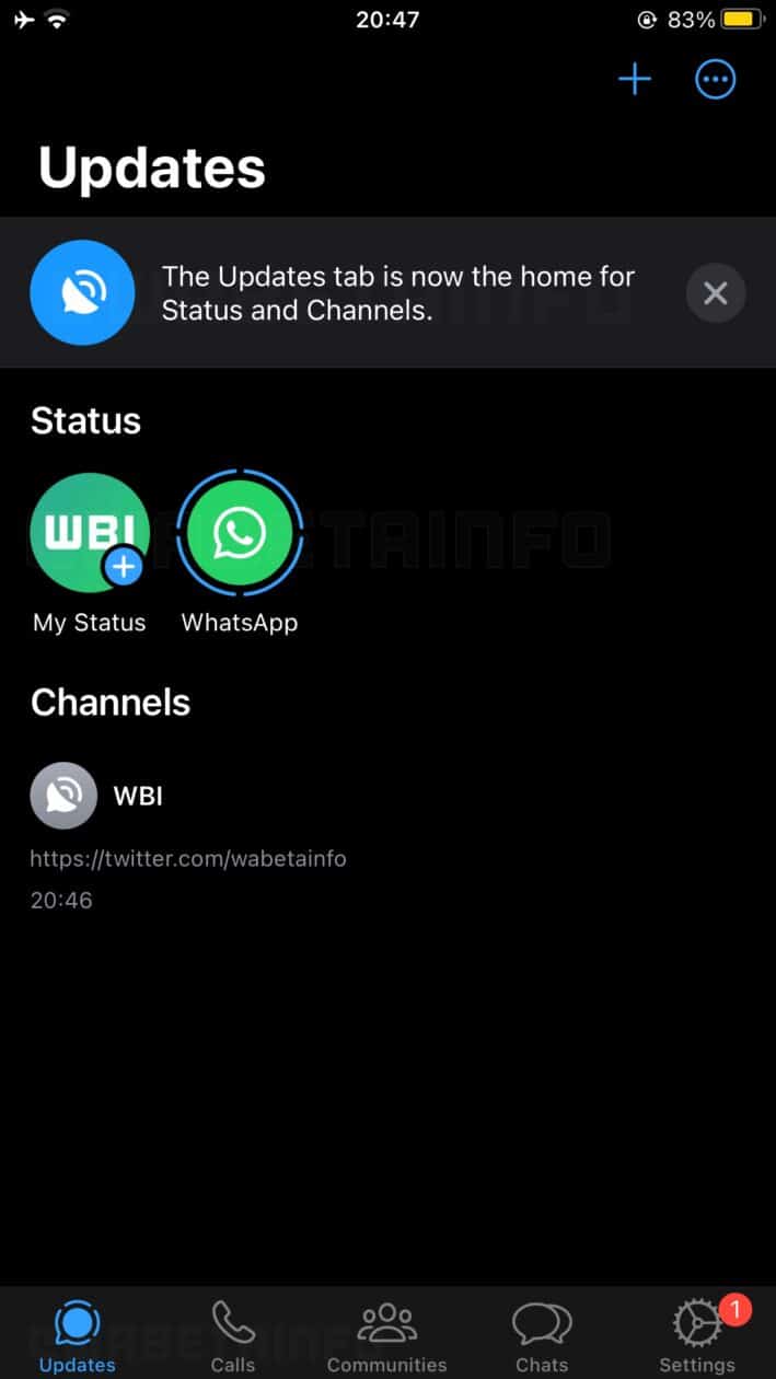 Aba "Updates" do WhatsApp.