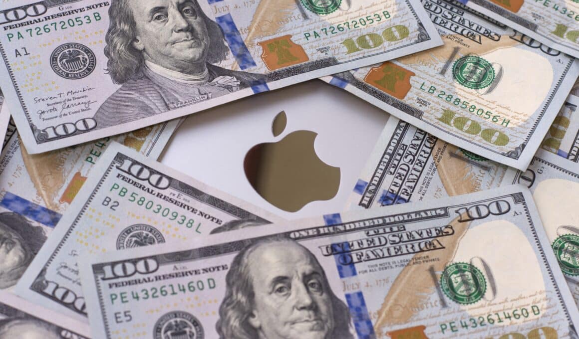 Notas de dólares e logo da Apple