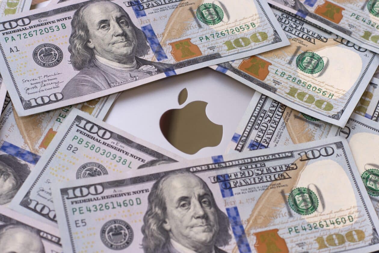 Notas de dólares e logo da Apple