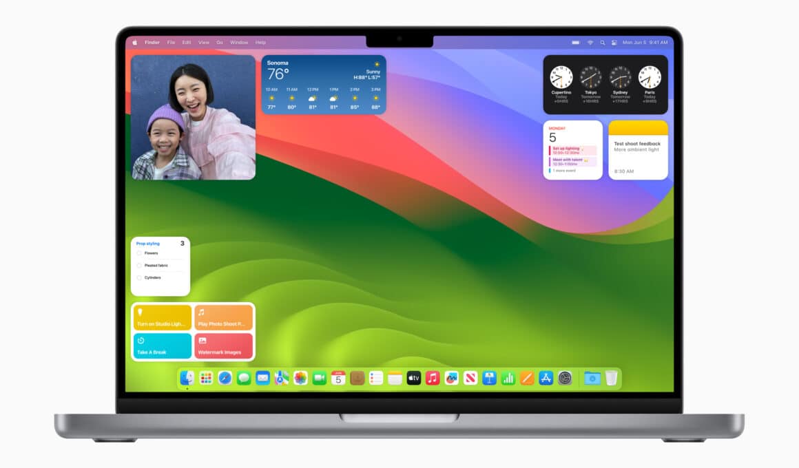 macOS Sonoma 14 rodando em MacBook Pro com widgets na Mesa (Desktop)