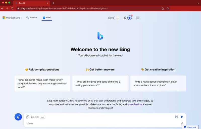 Bing Chat no Safari