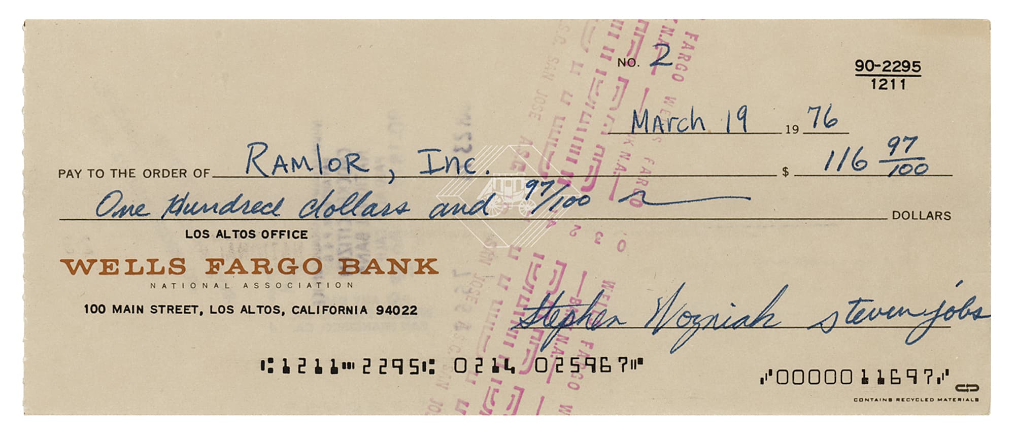 A check signed by Steve Jobs and Woz is selling for more than $135,000