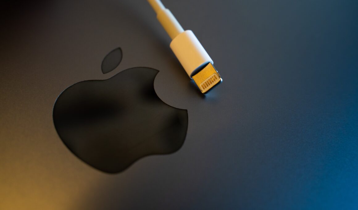 Logo da Apple (de um MacBook Air) com um cabo Lightning em cima