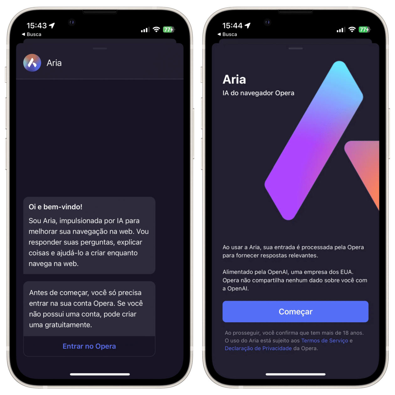 Aria, IA do Opera, no app para iOS