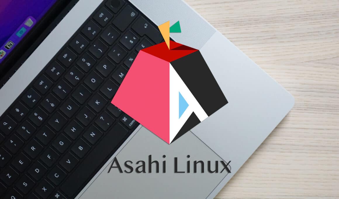 Logo do Asahi Linux sobre MacBook