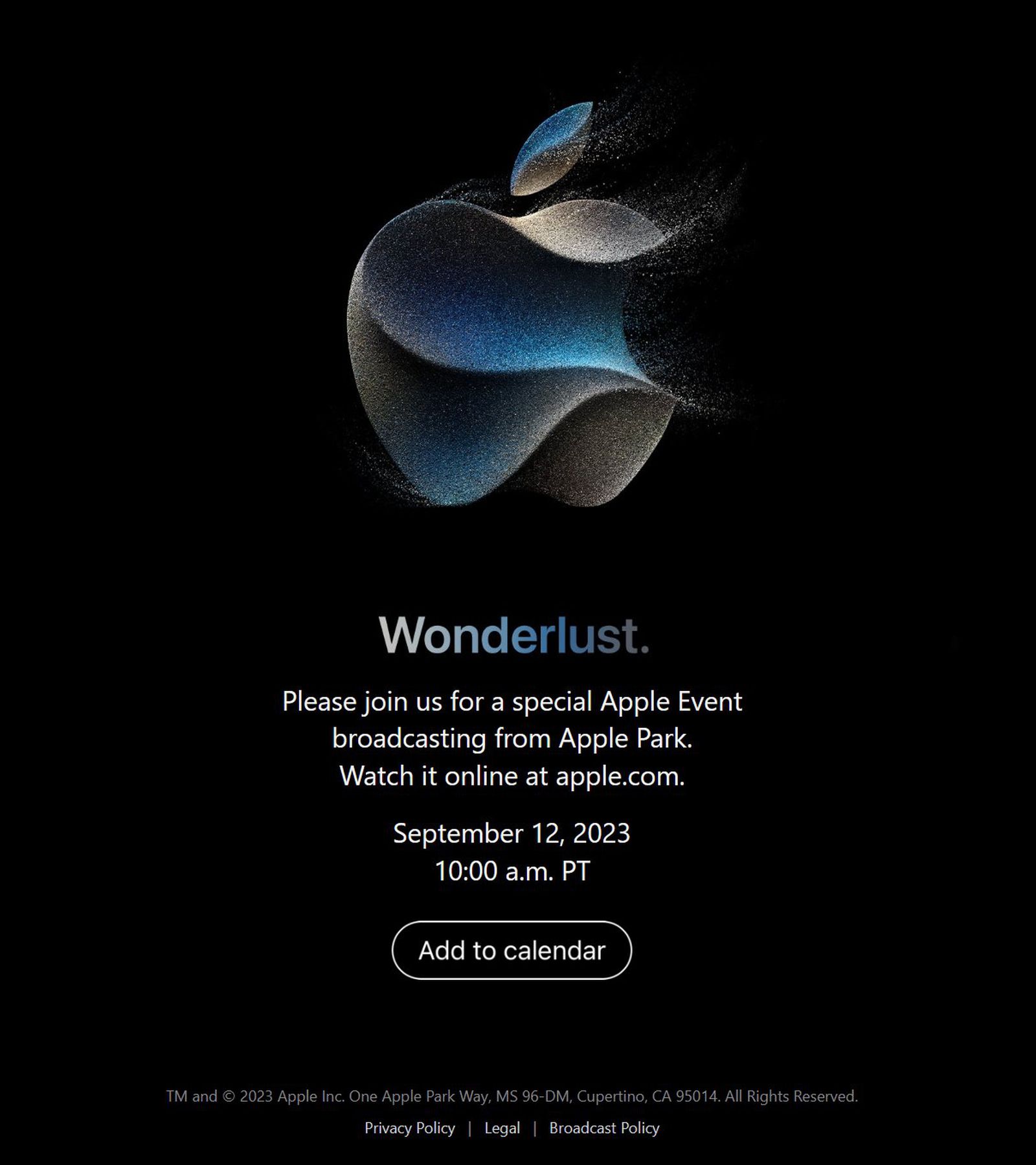 Convite do evento especial da Apple para o dia 12 de setembro de 2023