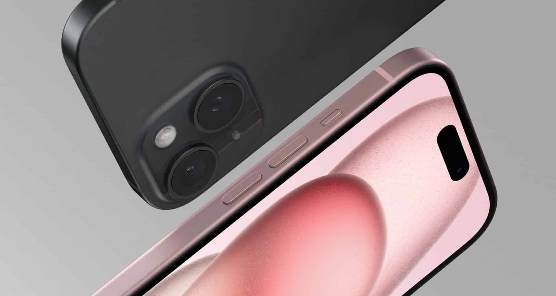 iPhones 15 preto e rosa voando na diagonal