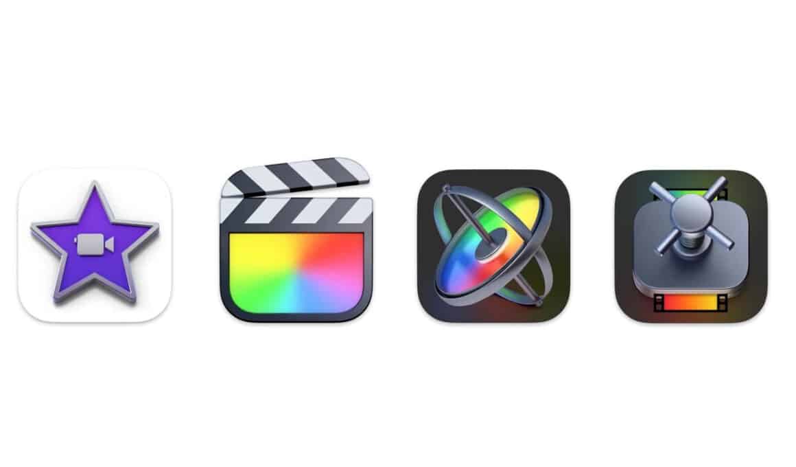 Ícones dos apps iMovie, Final Cut Pro, Motion e Compressor