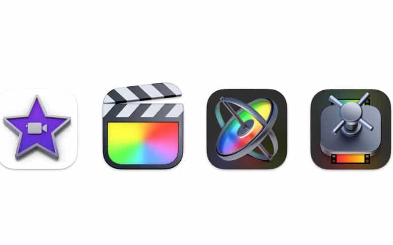 Ícones dos apps iMovie, Final Cut Pro, Motion e Compressor
