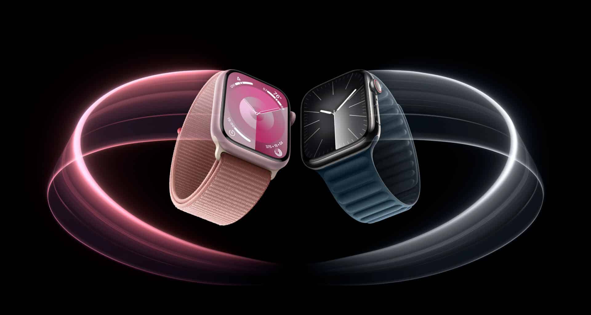 Apple Watches Series 9 rosa e preto "voando"