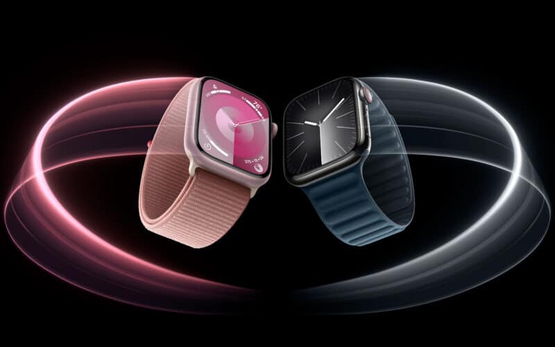 Apple Watches Series 9 rosa e preto "voando"