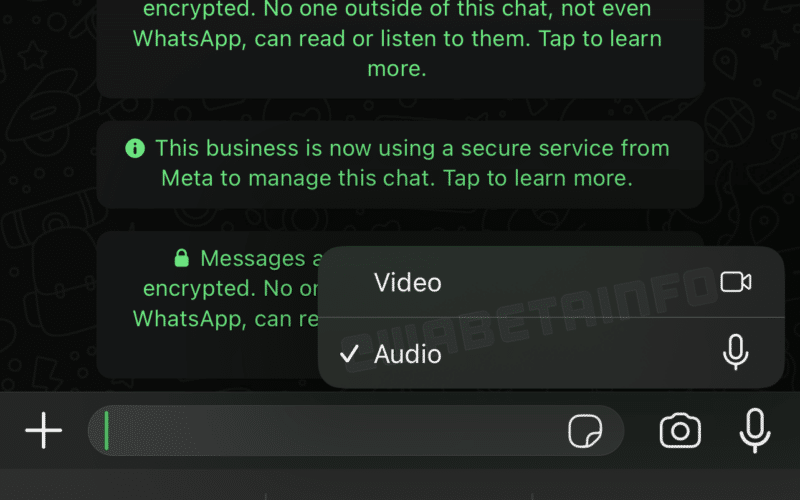 Menu de opções no botão de áudio/vídeo em testes no WhatsApp