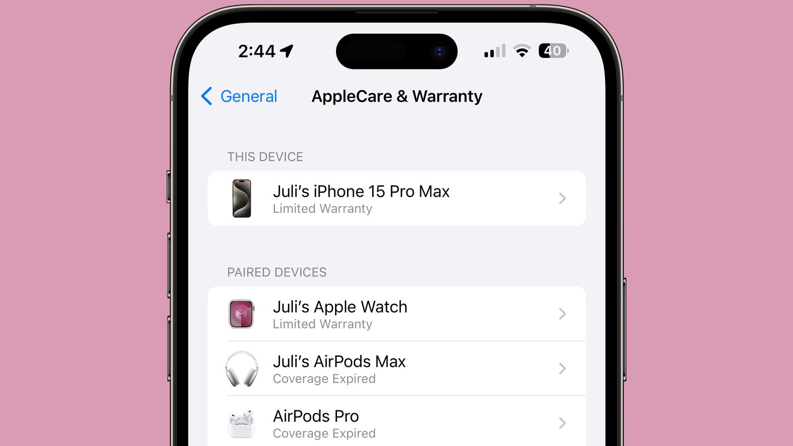 Nova aba de "AppleCare e Garantia" no iOS 17.2 beta 4