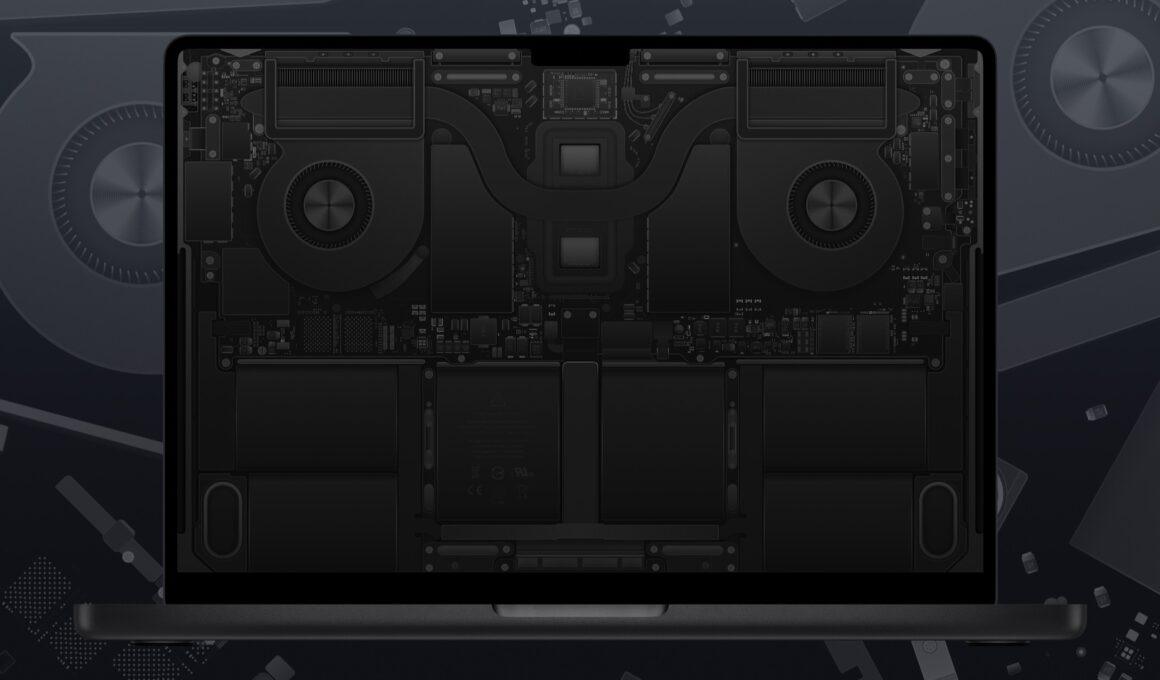 Wallpaper com componentes internos do MacBook Pro M3 do Basic Apple Guy