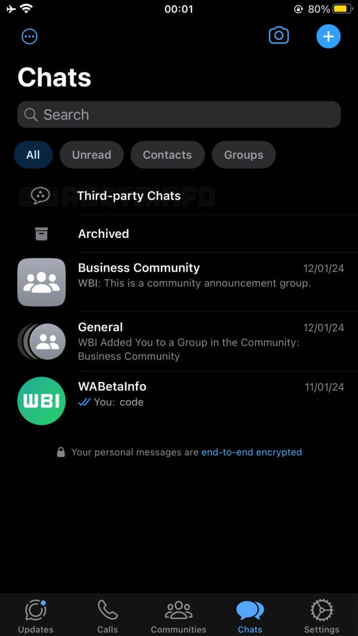 Opção "Chats de terceiros" no beta do WhatsApp