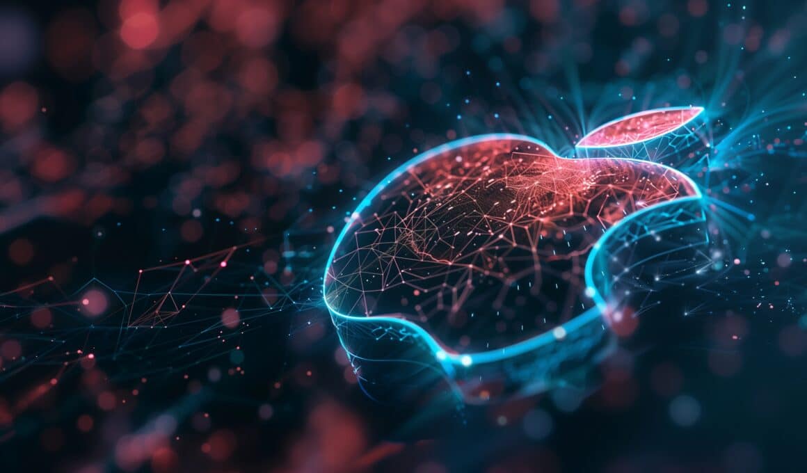 Logo da Apple em estilo futurístico com redes neurais e ideia de inteligência artificial (IA/AI)