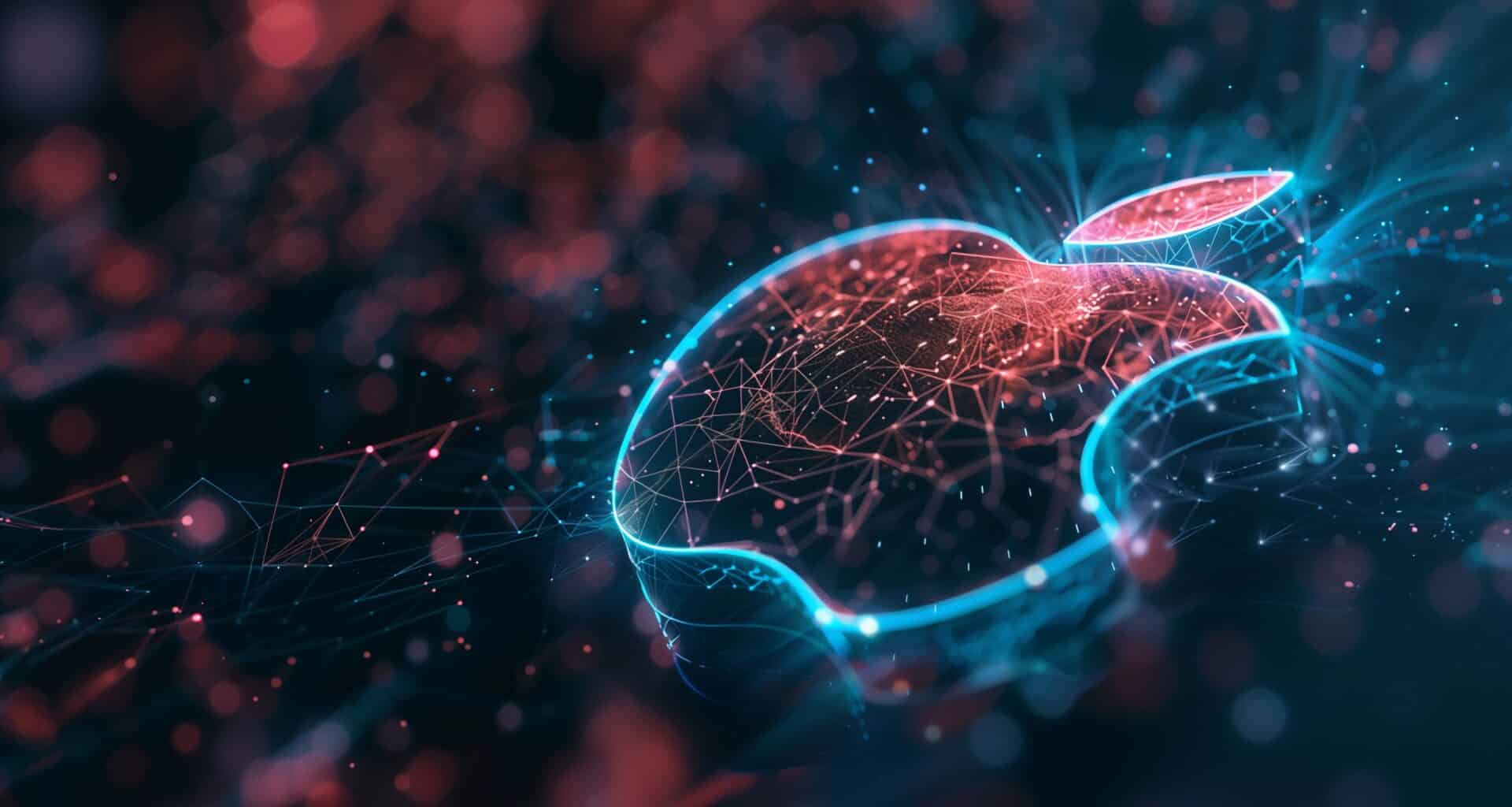 Logo da Apple em estilo futurístico com redes neurais e ideia de inteligência artificial (IA/AI)