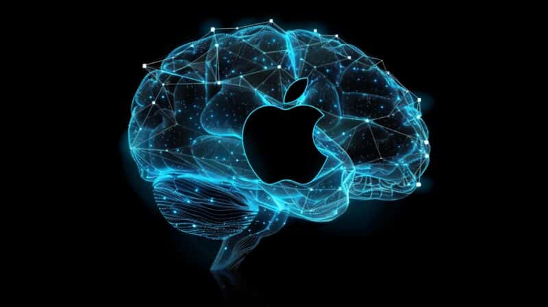 Logo da Apple sobre cérebro azul com conexões neurais em alusão a inteligência artificial (IA/AI)