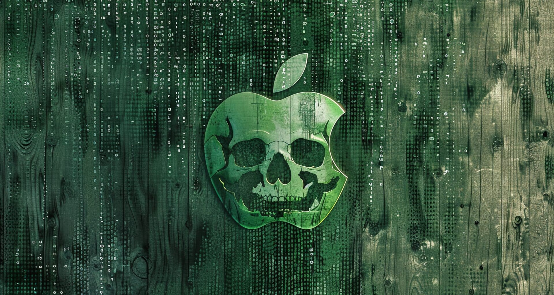 Logo da Apple sobre fundo verde estilo Matrix com caveira em alusão a malwares/vírus