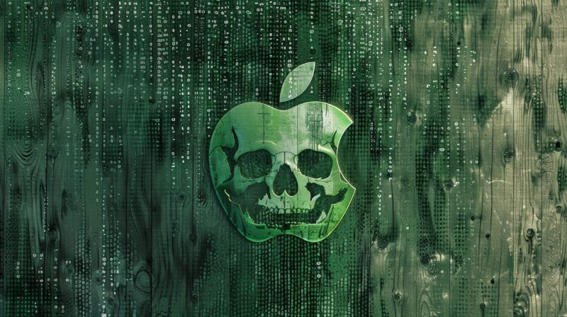 Logo da Apple sobre fundo verde estilo Matrix com caveira em alusão a malwares/vírus