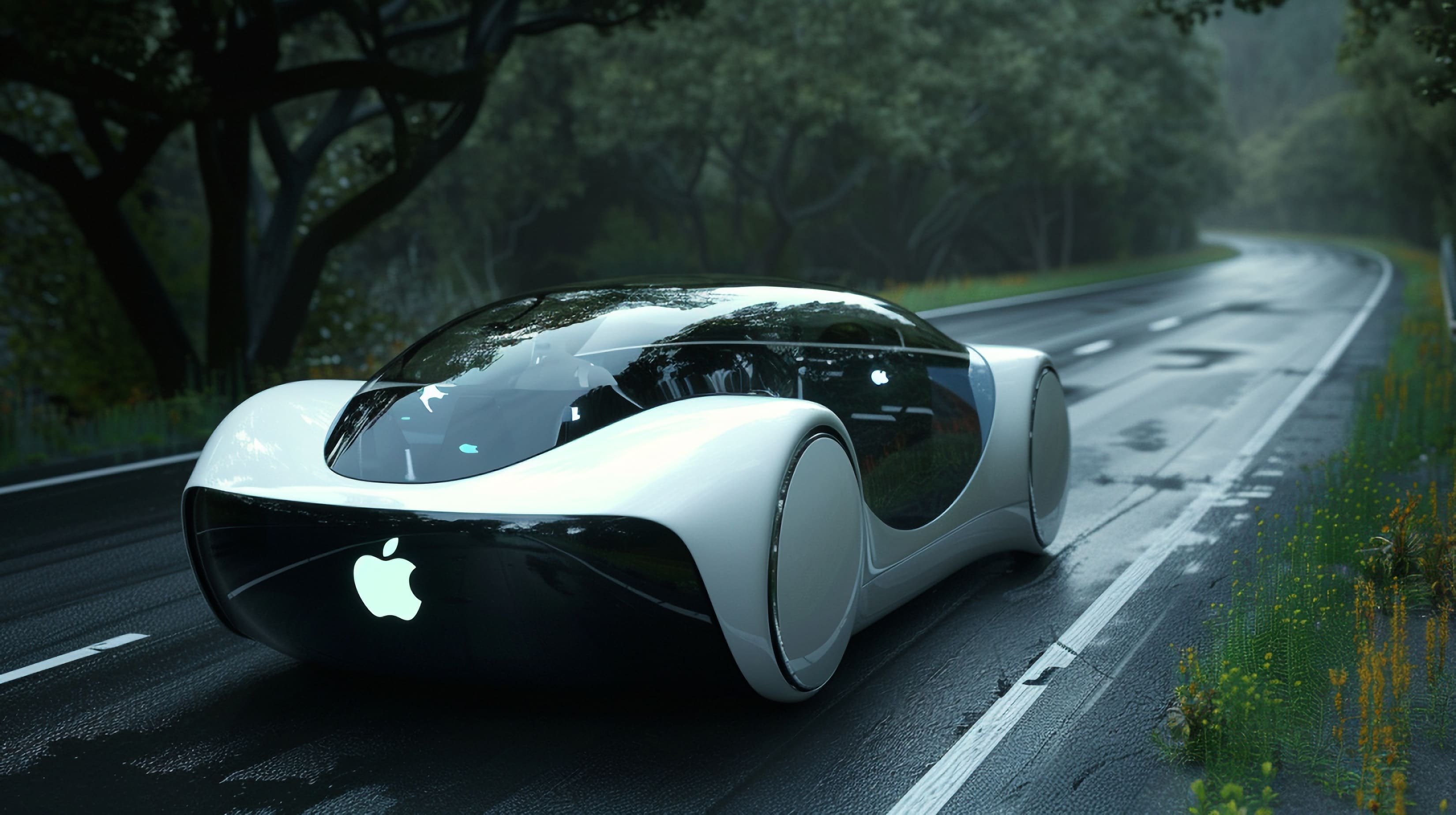 Conceito de "Apple Car" (carro/veículo) numa rua molhada e com árvores em volta