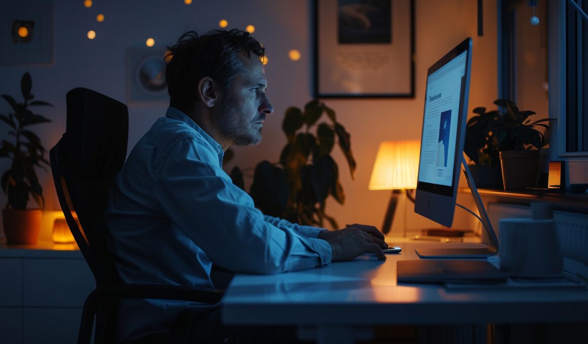 Homem trabalhando/lendo em iMac num ambiente pouco iluminado
