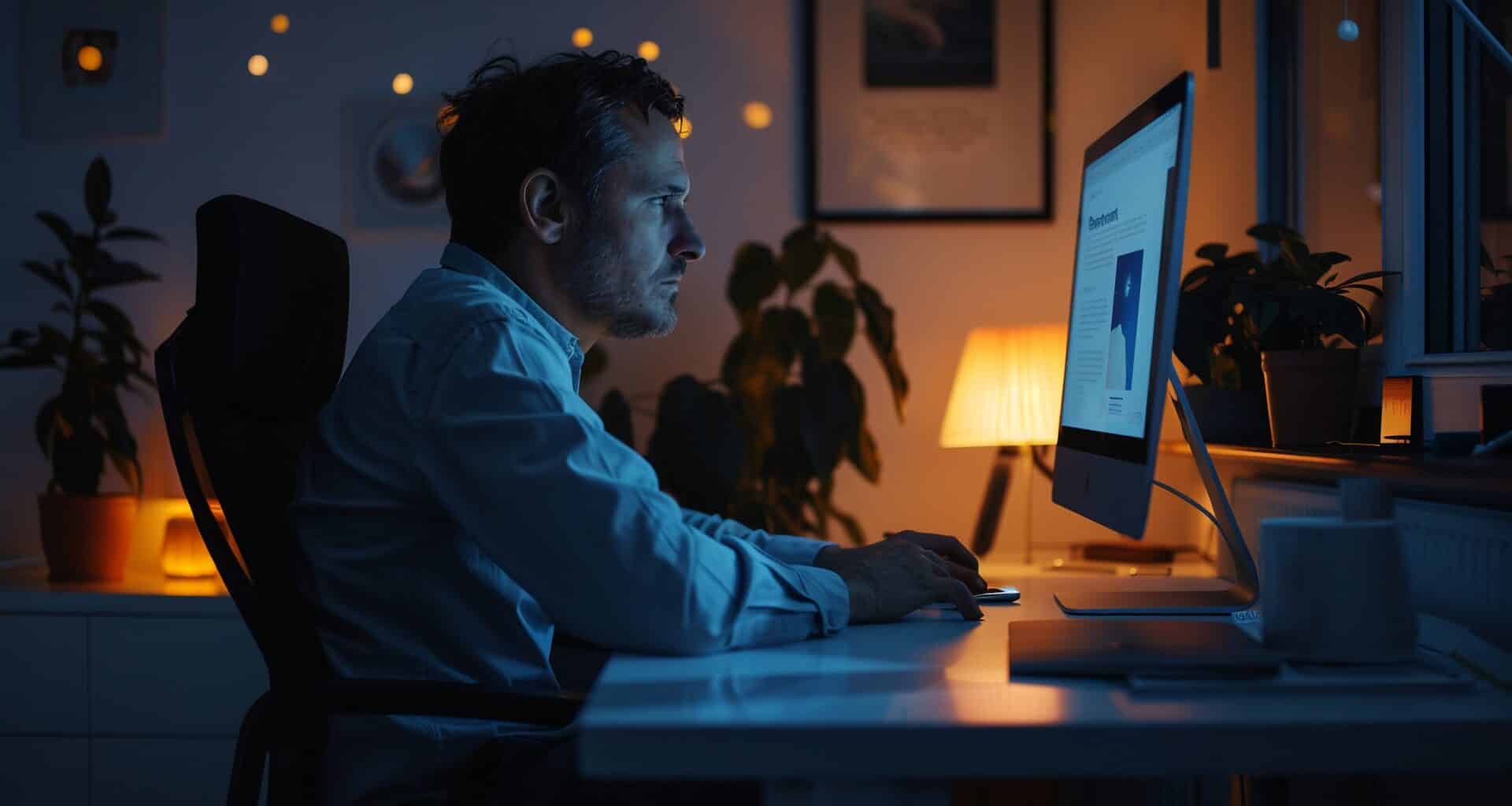 Homem trabalhando/lendo em iMac num ambiente pouco iluminado