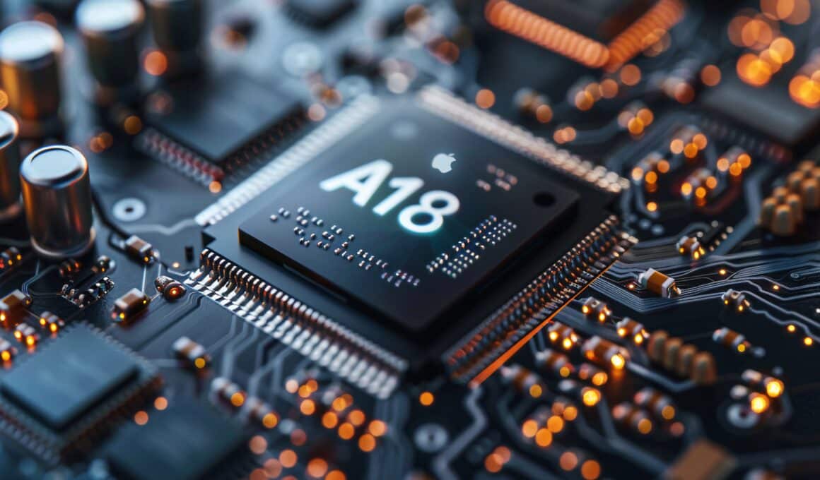 Chip Apple A18 imaginado por IA numa placa lógica