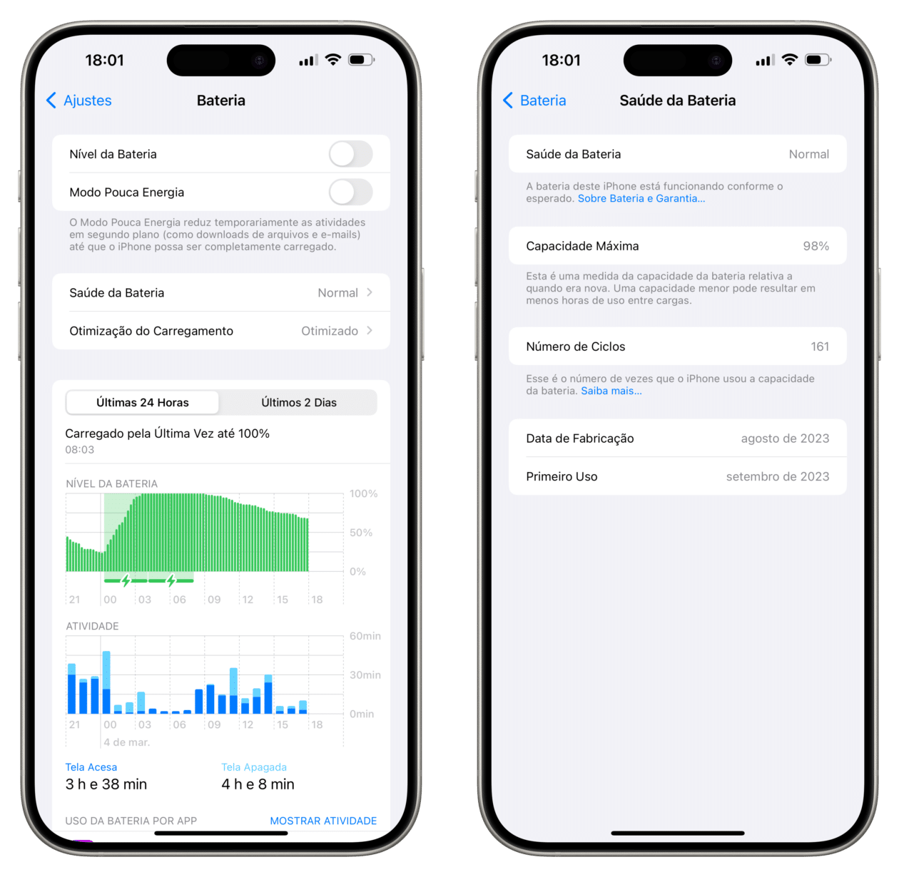 Informações da bateria no iOS 17.4
