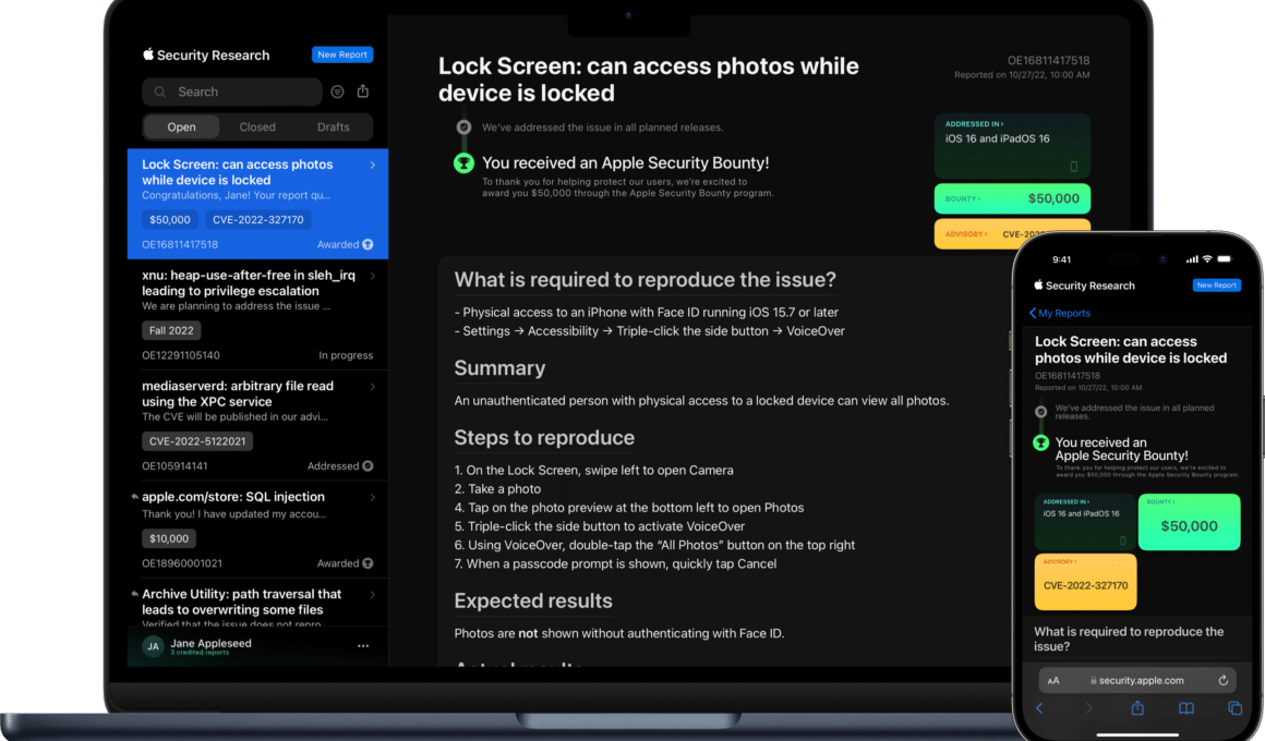 Tela do Apple Security Bounty mostrada em um Mac e em um iPhone
