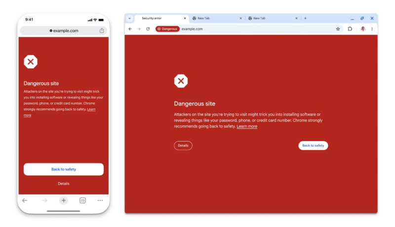 Aviso de site perigoso do Google Chrome no iOS e no desktop