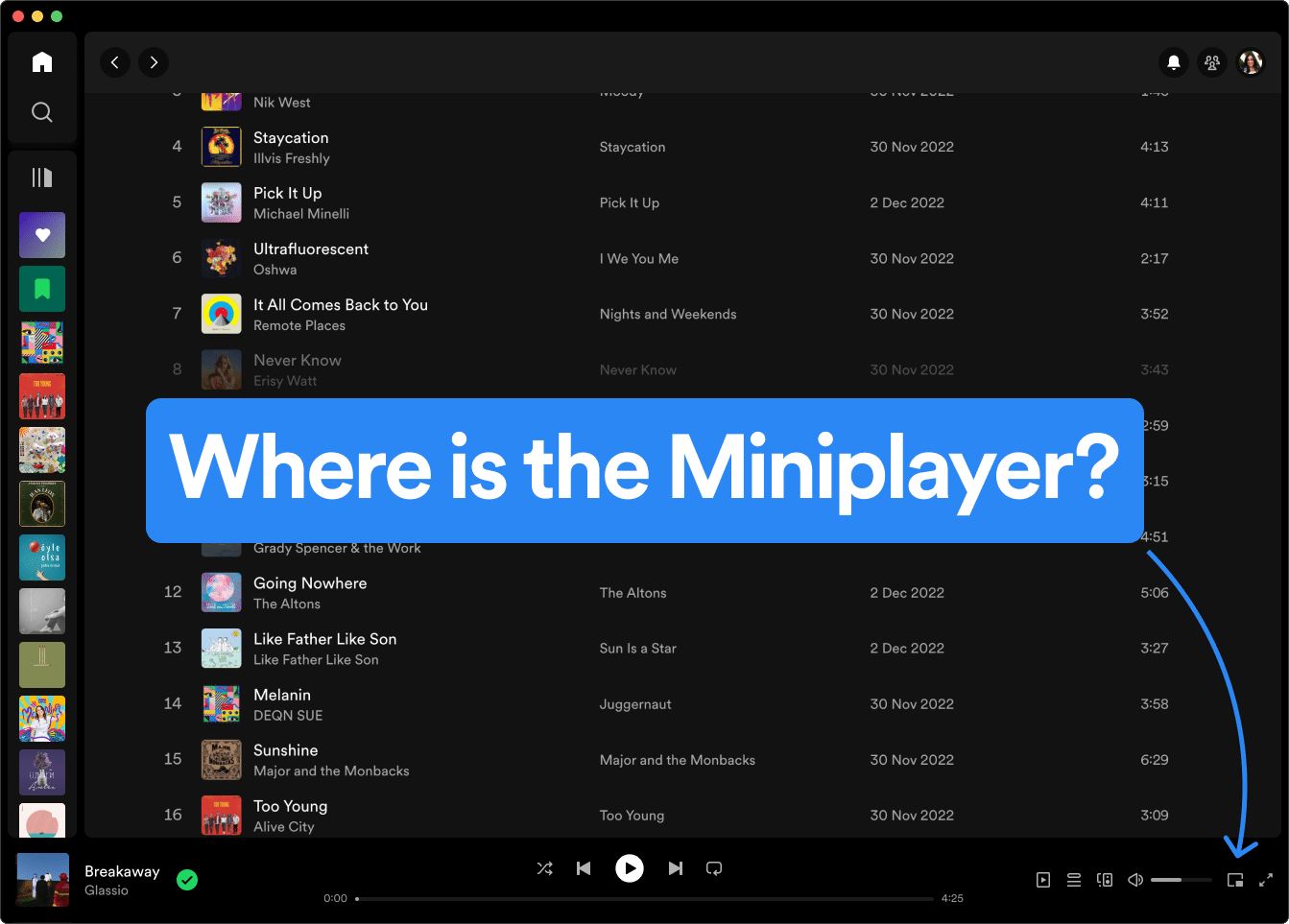 Botão do miniplayer do Spotify no desktop