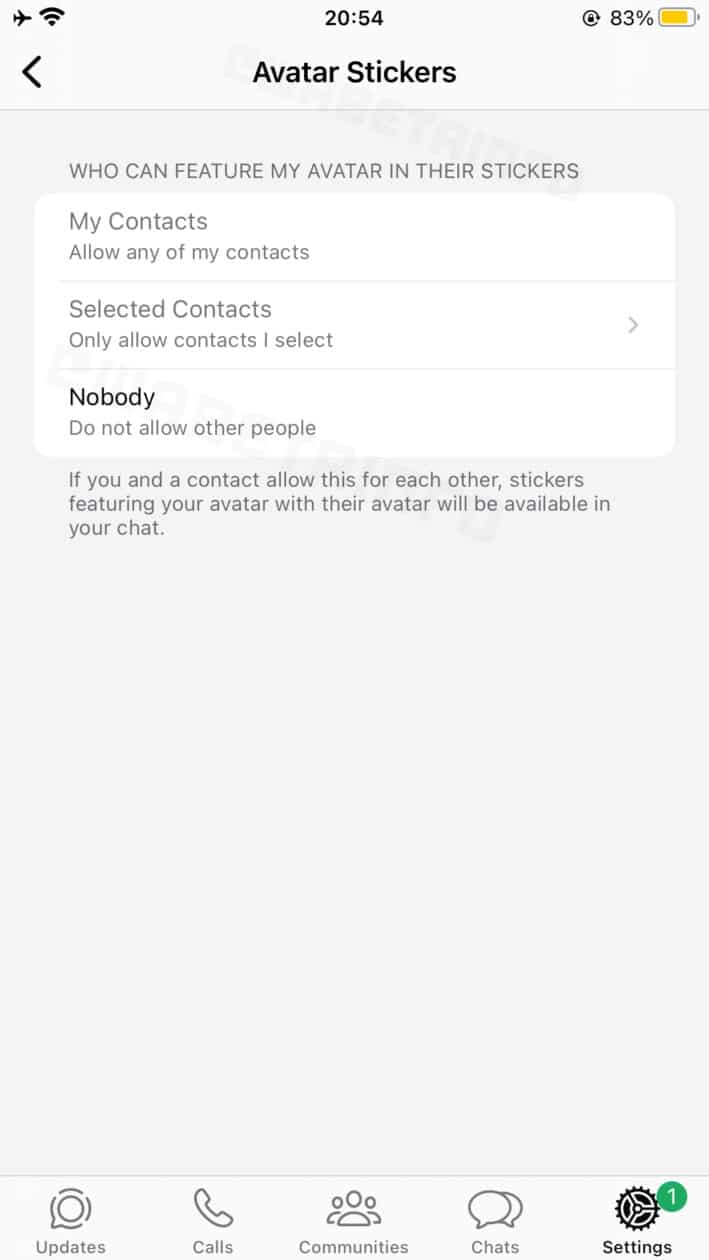 Opções de privacidade para adesivos de avatares no WhatsApp