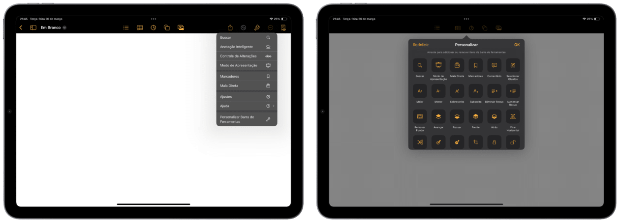 Personalizando a barra de ferramentas do Pages no iPad