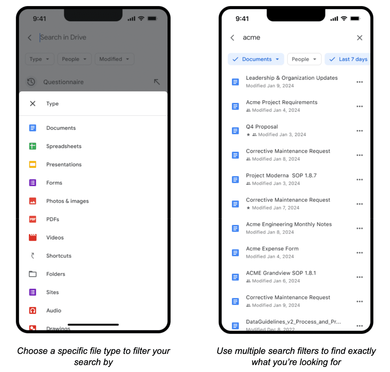 Filtros de pesquisa no app do Google Drive para iOS
