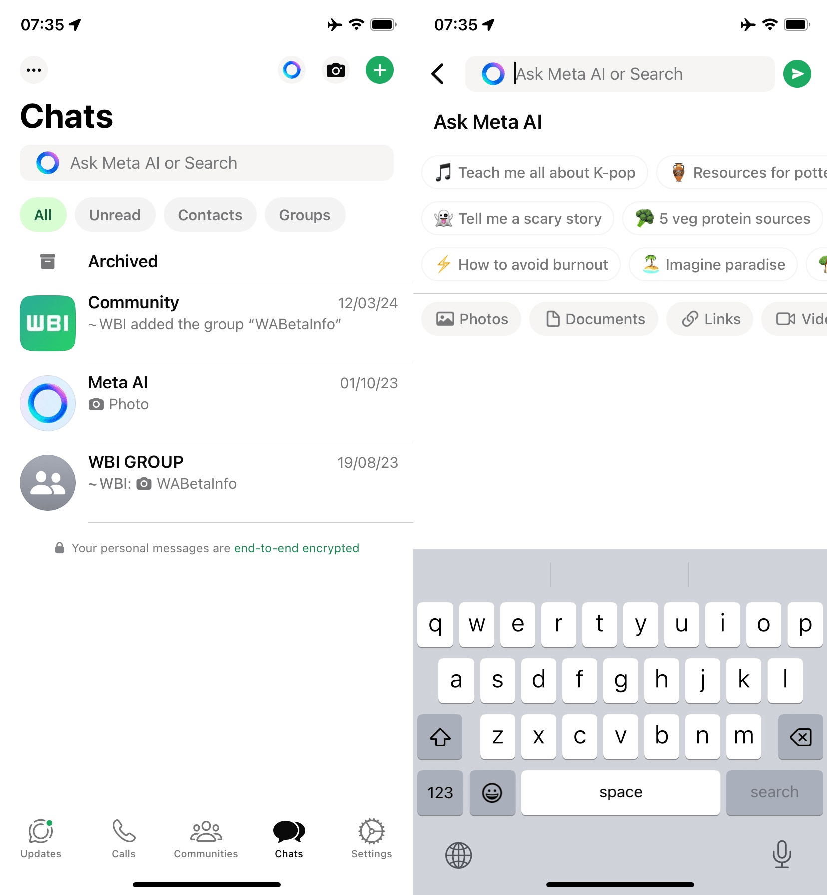Integração da barra de pesquisa do WhatsApp com o Meta AI